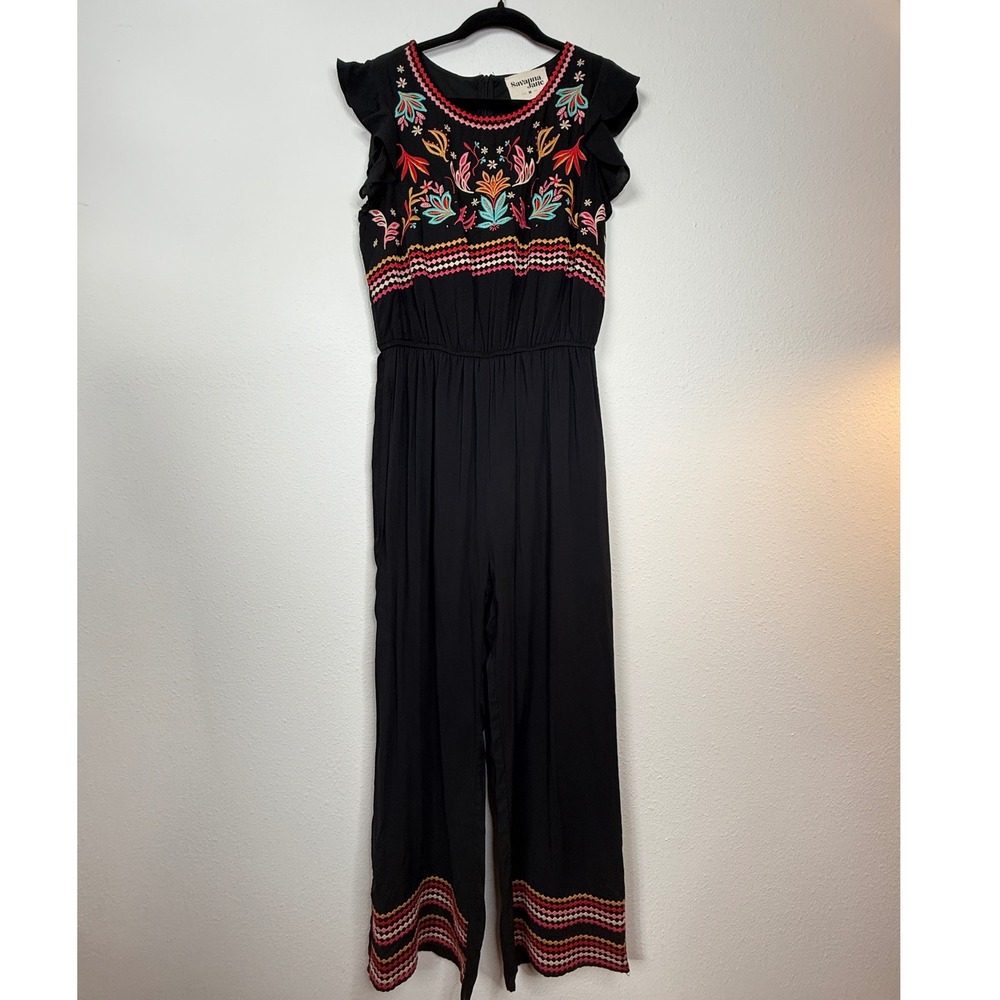 Savanna Jane Embroidered Jumpsuit Medium Black Multicolor Sleeveless Ruffle